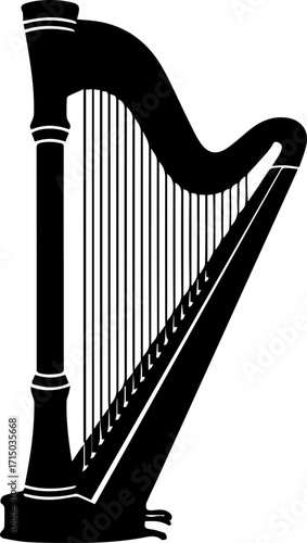 Elegant black harp silhouette, symbolizing classical music, performance, and serene melodies for artistic projects.