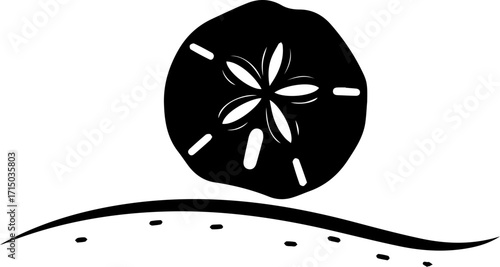 Elegant black sand dollar silhouette on a minimalist wavy line with subtle dots, perfect for coastal designs
