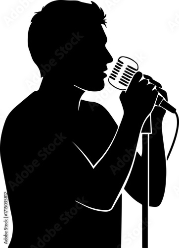 Dynamic performer singing passionately into vintage microphone on stage, captivating audience with powerful voice