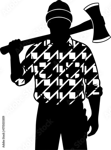 Rugged lumberjack carrying axe over shoulder, ready for forest work with strong outdoor spirit