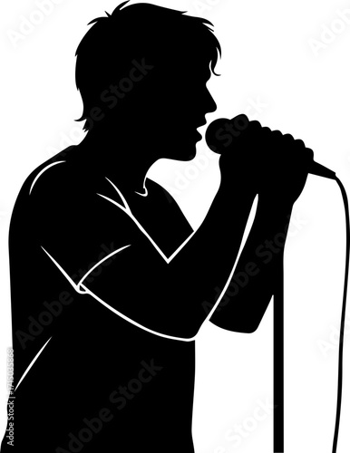 Dynamic male singer silhouette passionately performing into microphone on stage, captivating audience