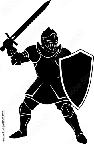 Powerful medieval knight with sword and shield ready for battle, heroic stance, strong warrior