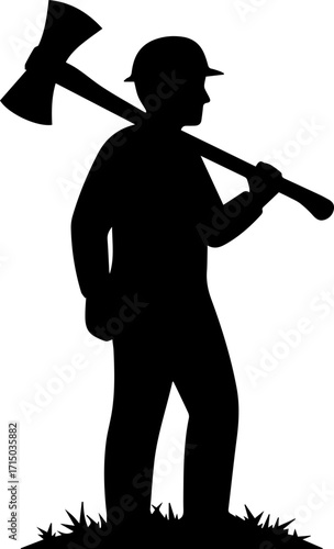 Strong lumberjack silhouette carrying axe over shoulder, ready for forestry work