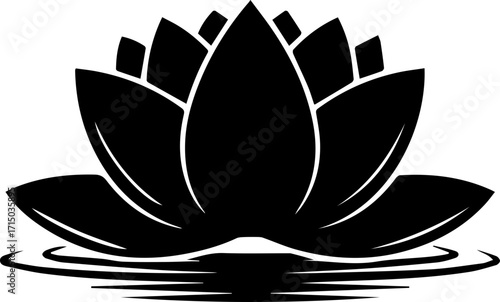Elegant black lotus flower silhouette floats serenely on rippling water, symbolizing peace and purity.