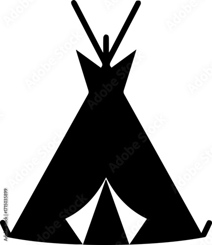 Iconic black silhouette of a traditional teepee tent, symbolizing heritage and outdoor adventure for modern design.
