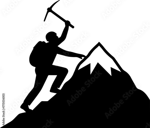 Determined climber conquers mountain peak with ice axe, symbolizing achievement and adventure
