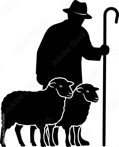 Trustworthy shepherd guides gentle sheep with classic crook in silhouette art style