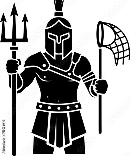 Dynamic gladiator warrior with trident and net, symbolizing strength, courage, and ancient combat prowess.