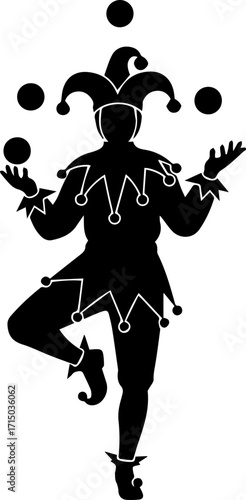 Dynamic jester skillfully juggles multiple balls, embodying performance and entertainment artistry.