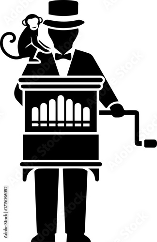 Street performer entertains with classic barrel organ and playful monkey companion