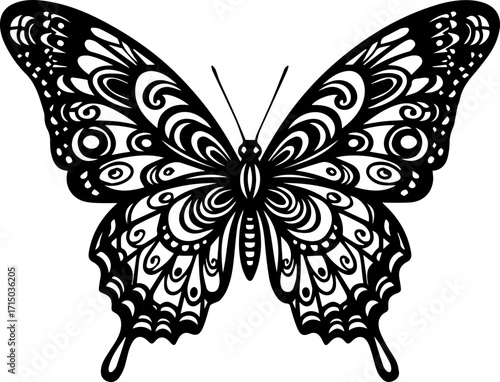 Elegant black butterfly silhouette with intricate ornamental wing patterns, symbolizing transformation and beauty.