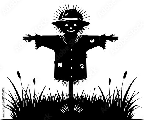 Whimsical silhouette scarecrow stands guard in tall grass under a bright sunburst, evoking autumn charm.