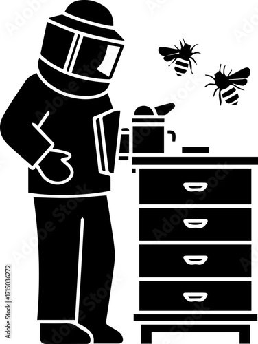 Professional beekeeper tending hive with protective gear and smoker, bees fly nearby