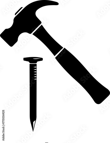 Sturdy hammer poised to strike a sharp nail for DIY projects and construction