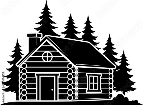 Rustic log cabin nestled among tall pine trees, evoking peaceful wilderness escape and cozy retreat.