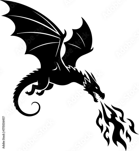 Dynamic black dragon unleashes fiery breath, powerful fantasy creature soaring through the sky