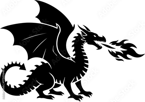 Powerful black dragon breathing fire with expansive wings, ready for fantasy adventures and epic designs