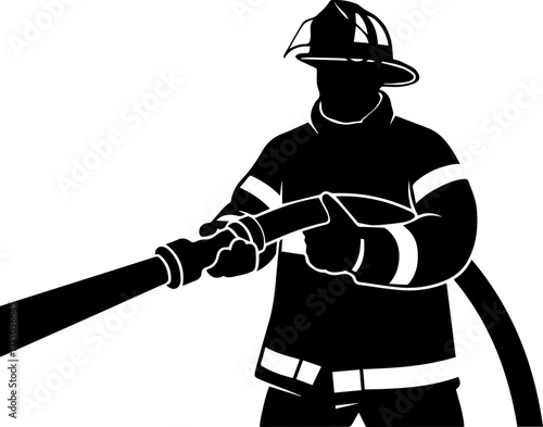 Brave firefighter powerfully spraying water from hose, ready for action in protective gear