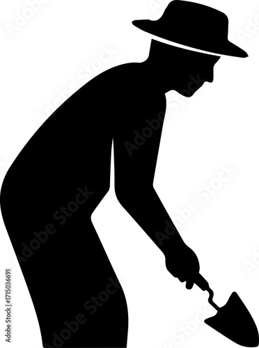 Dedicated gardener tending to soil with trowel, a silhouette of diligent work and nature's embrace.