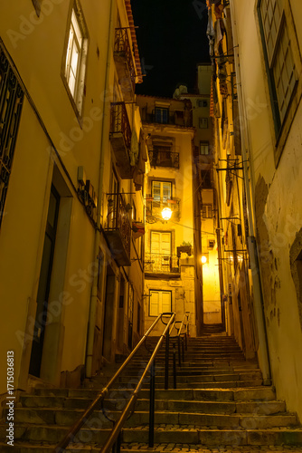The narrow streets of Lisbon at night, Portugal