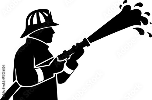 Brave firefighter bravely battling blaze with powerful water stream in action silhouette