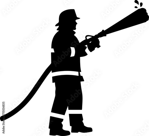 Brave firefighter bravely douses flames with powerful water stream, showcasing courage and duty
