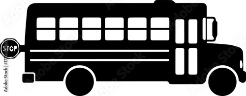 Iconic black school bus silhouette with stop sign signals safe student transport and learning journeys