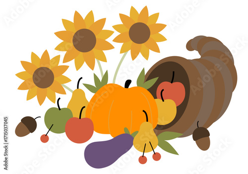 Thanksgiving Day horn of plenty.  Horn of plenty with seasonal fruits and vegetables