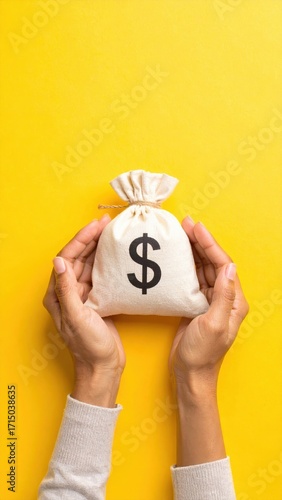 A top-down view of a person's hands holding a money bag with a dollar sign on it on a bright yellow homogeneous background. A concept of finance, savings, and investment