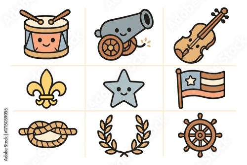 Collection of cute hand drawn icons representing history music and symbols