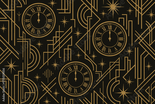 Elegant art deco pattern featuring golden clocks and geometric designs on a dark background
