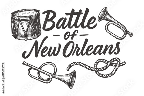 Vintage illustration of battle of new orleans with drum and bugles