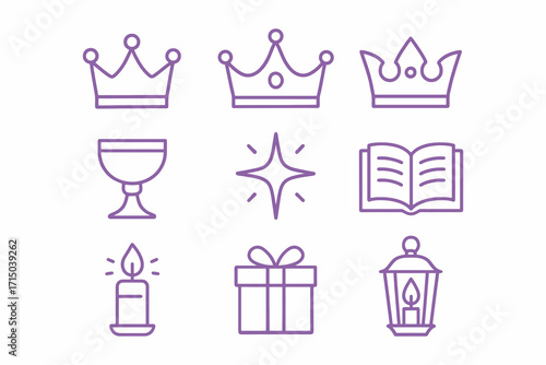 Collection of royal and festive symbols illustrated with simple purple line art