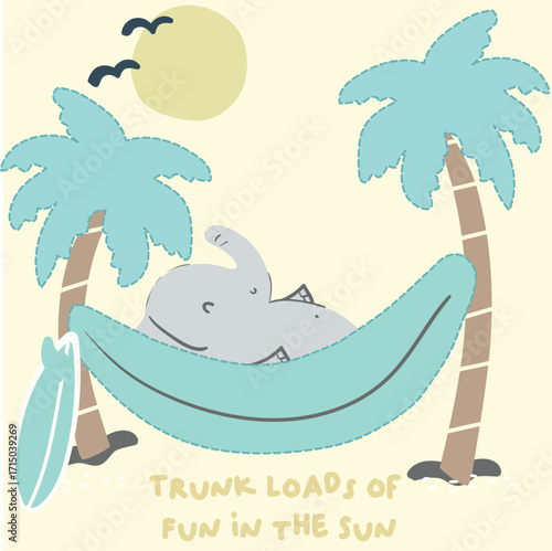 vector illustration of a tropical beach,elephant baby chilling at beach