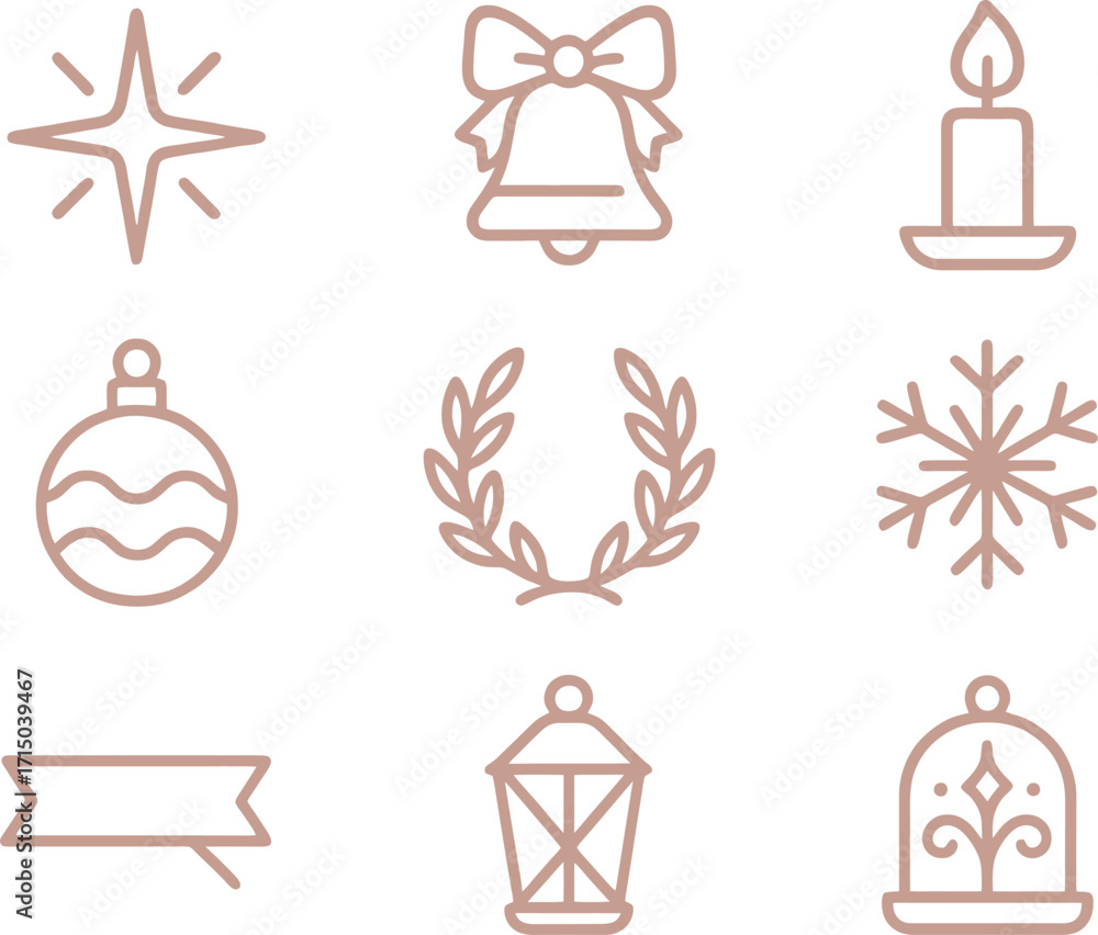 Fototapeta premium Collection of delicate christmas and holiday icons in a subtle warm color palette