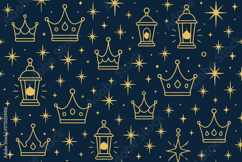 Golden crowns and lanterns scattered across a starry night sky background