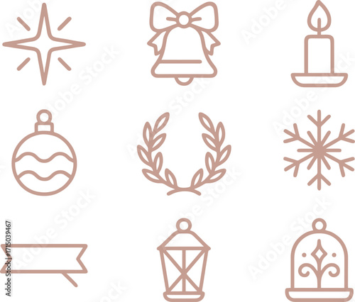 Collection of delicate christmas and holiday icons in a subtle warm color palette