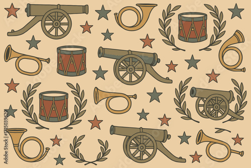 Vintage american civil war military symbols and instruments scattered on parchment background