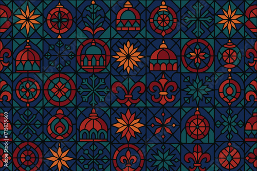 Intricate stained glass pattern featuring geometric shapes and floral motifs in warm hues