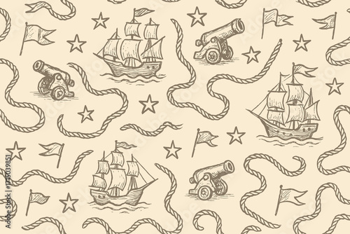 Vintage nautical seamless pattern featuring sailing ships cannons stars and ropes