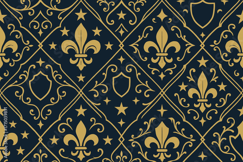 Elegant gold fleur de lis and shield pattern on dark blue background