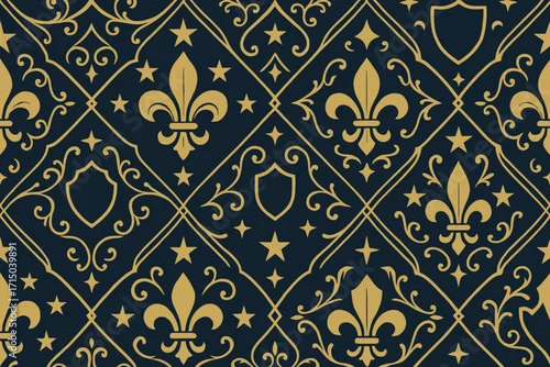 Obraz Elegant gold fleur de lis and shield pattern on dark blue background
