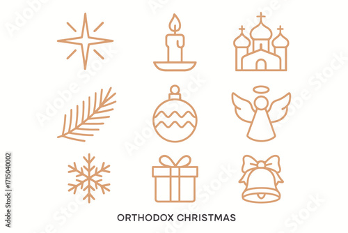 Collection of orthodox christmas icons featuring religious and festive symbols in outline style