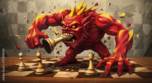 A red monstrous figure devours a chess piece on a cracked chessboard with other pieces standing nearby