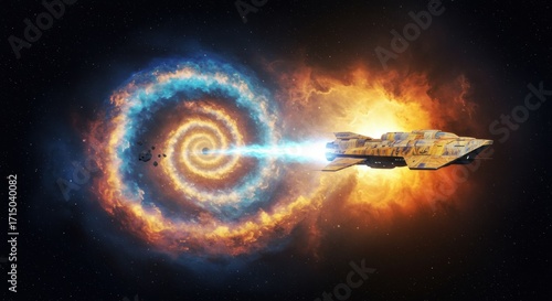 A spaceship blasts a blue beam into a vortex of blue and orange nebula clouds