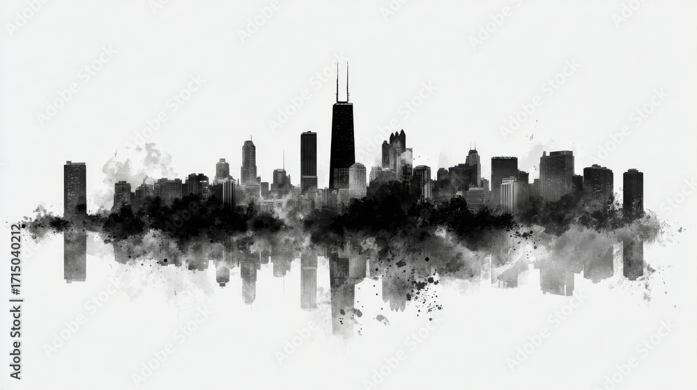 Naklejka premium A dramatic city skyline emerges as dusk sets in showcasing tall buildings and striking architectural designs beautifully mirrored in the still waters below.