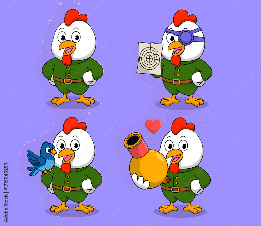 Obraz premium A collection of four cartoon illustrations of a chicken soldier in various poses, including holding a target, a bird, and a bomb.