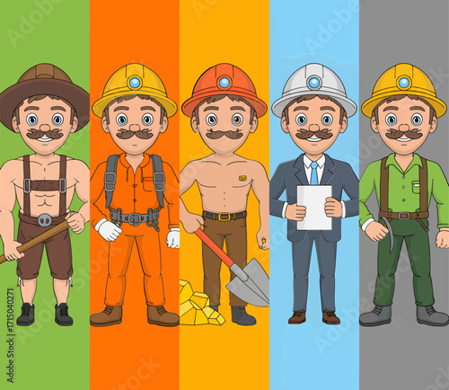 Four cartoon characters depicting different professions, including a miner, a construction worker, a businessman, and a farmer, each in their respective attire and holding tools or documents.