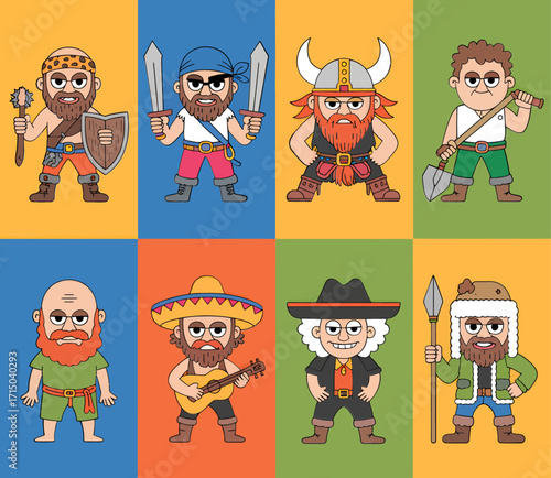 Cartoon characters in various costumes: caveman, pirate, viking, farmer, bald man, mariachi, cowboy, and hunter.