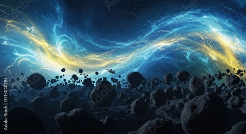Asteroid field under a colorful nebula with a spaceship flying through the space rocks